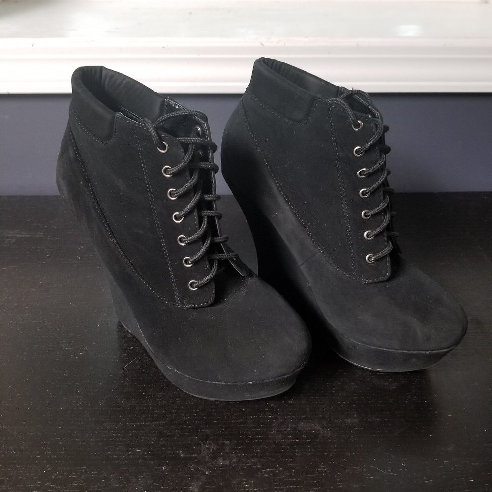 Delicacy Black Suede Wedge Lace-up Booties